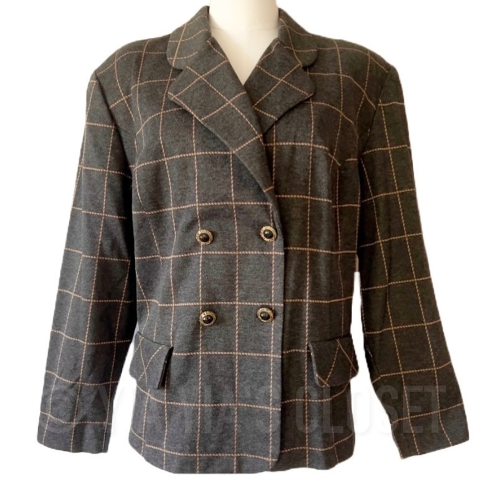 Leslie Fay Petite 22WP Vintage Double-Breast Gray Windowpane Blazer/Suit Jacket